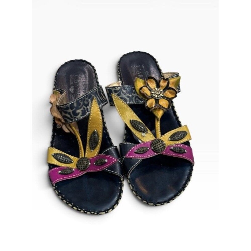 L'Artiste SPRING STEP Leather Sz 38 Charlotte Wedge Heel Sandals Sun Flower